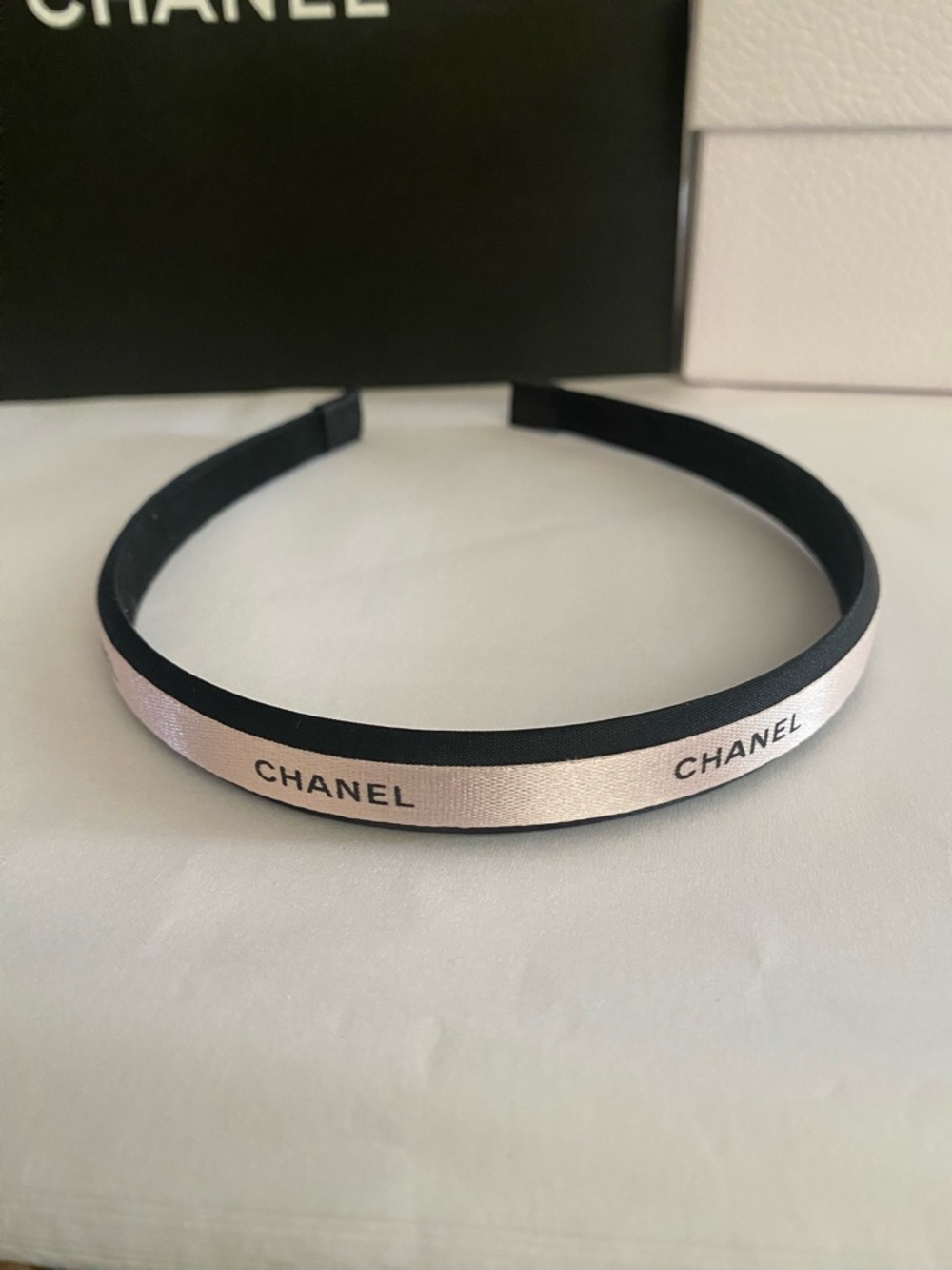 Slim CHANEL Ribbon Pink and Black Logo Headband